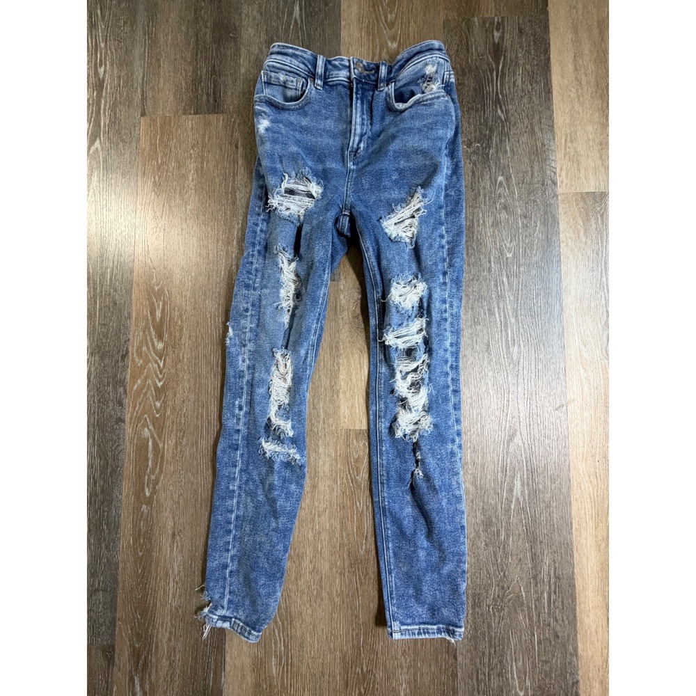 American Eagle Mom Jeans Womens 00 Blue Distressed High Rise Stretch Denim